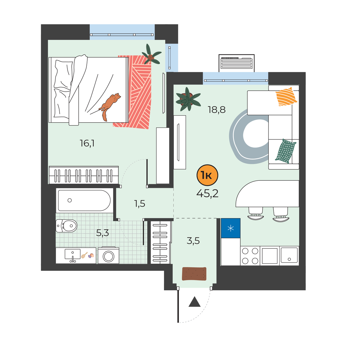 Планировка: Евродвушка 45.2 м² в ЖК Корней, Южный