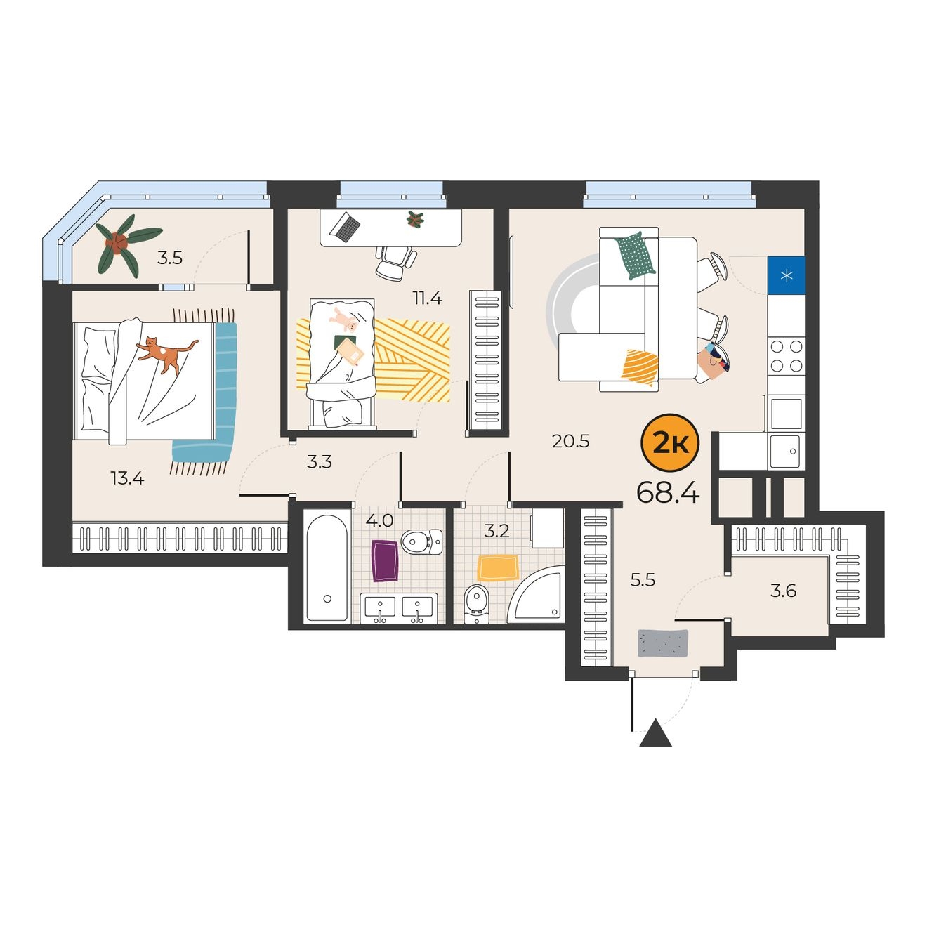 Планировка: Евротрешка 68.4 м² в ЖК Корней, Южный