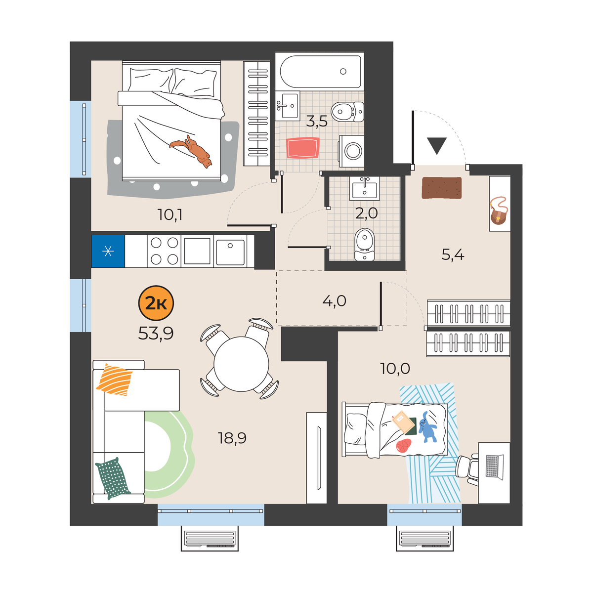 Планировка: Евротрешка 53.9 м² в ЖК Корней, Южный