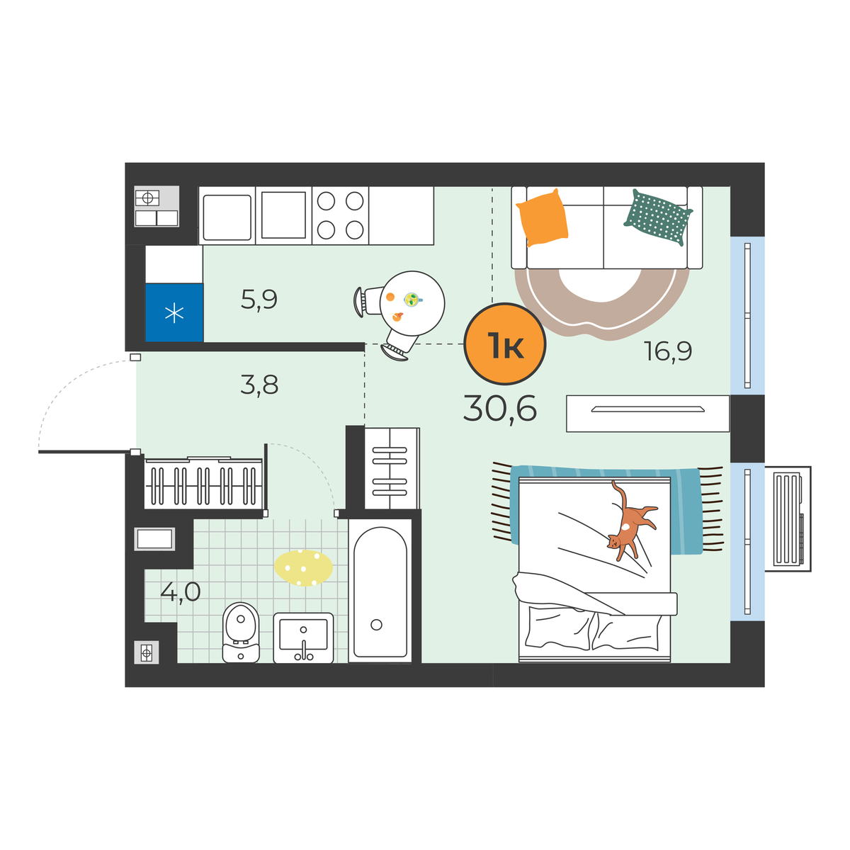 Планировка: Студия 30.6 м² в ЖК Корней, Южный