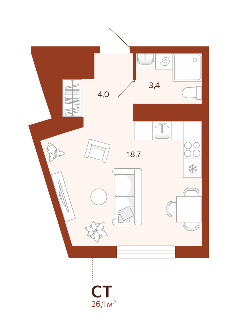 Планировка: Студия 26.1 м² в ЖК Новатор, Центр: КПД