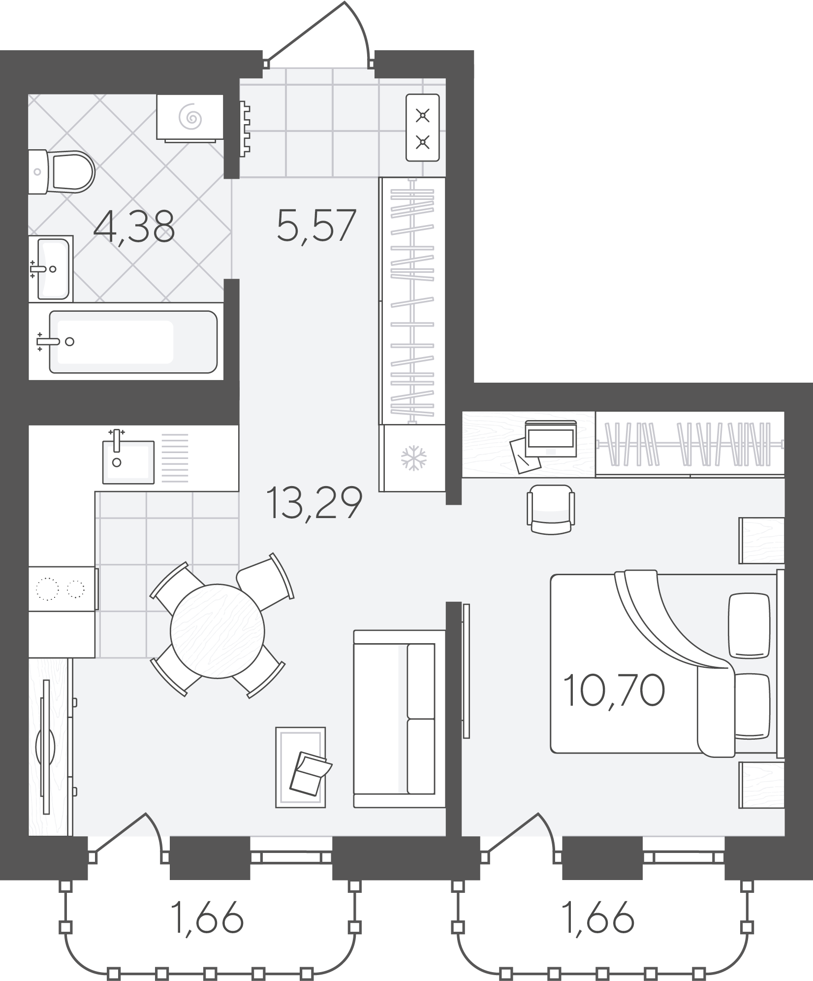 Планировка: Евродвушка 37.3 м² в ЖК Скандиа. Квартал в Слободе, Тюменская слобода