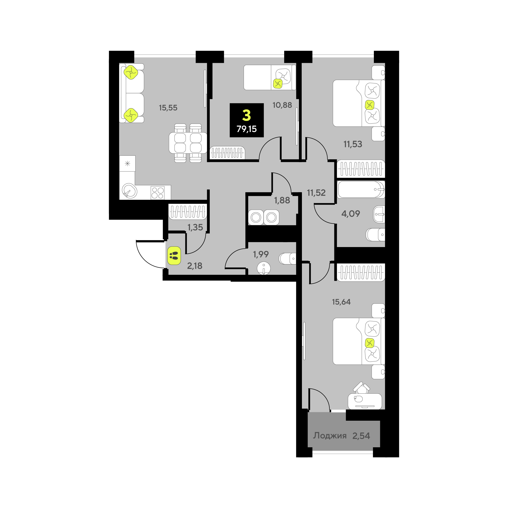 Планировка: 4-комнатная евро 79.2 м² в ЖК Мотивы, От Плеханова до Южного