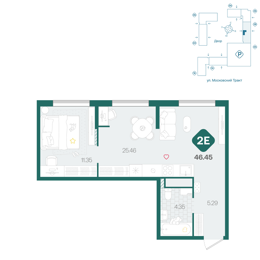 Планировка: Евродвушка 46.5 м² в ЖК Сибирский, Московский тракт
