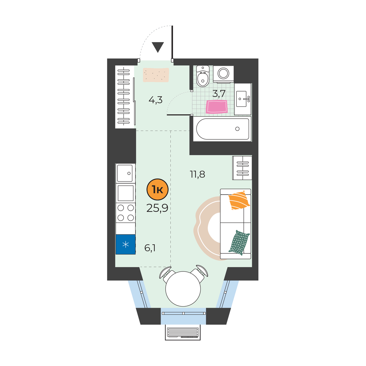 Планировка: Студия 25.9 м² в ЖК Корней, Южный