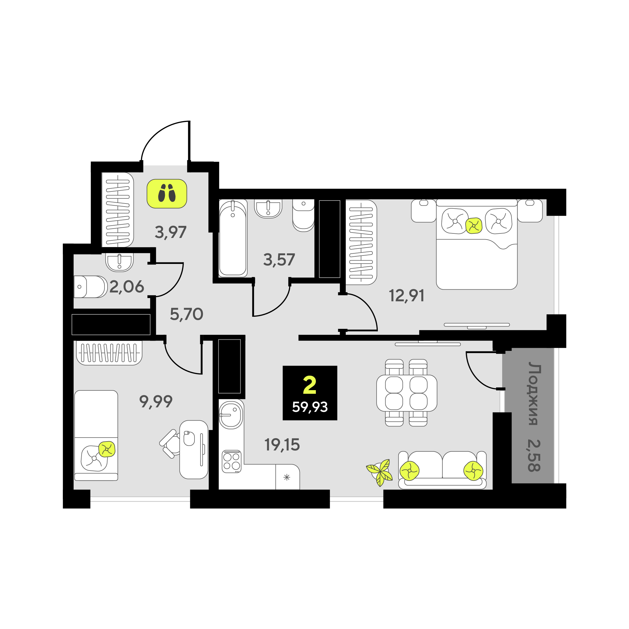 Планировка: Евротрешка 59.9 м² в ЖК Мотивы, От Плеханова до Южного
