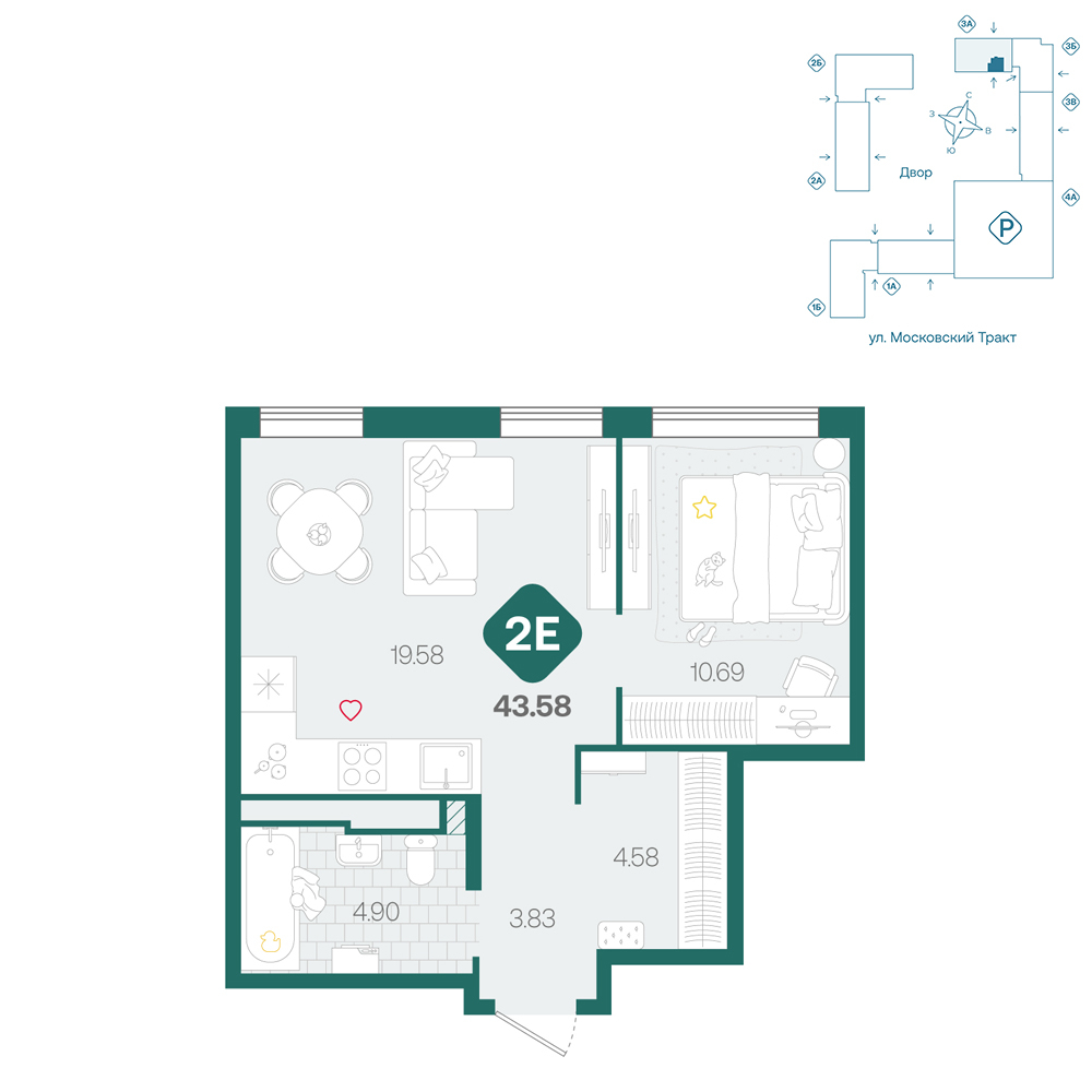 Планировка: Евродвушка 43.6 м² в ЖК Сибирский, Московский тракт
