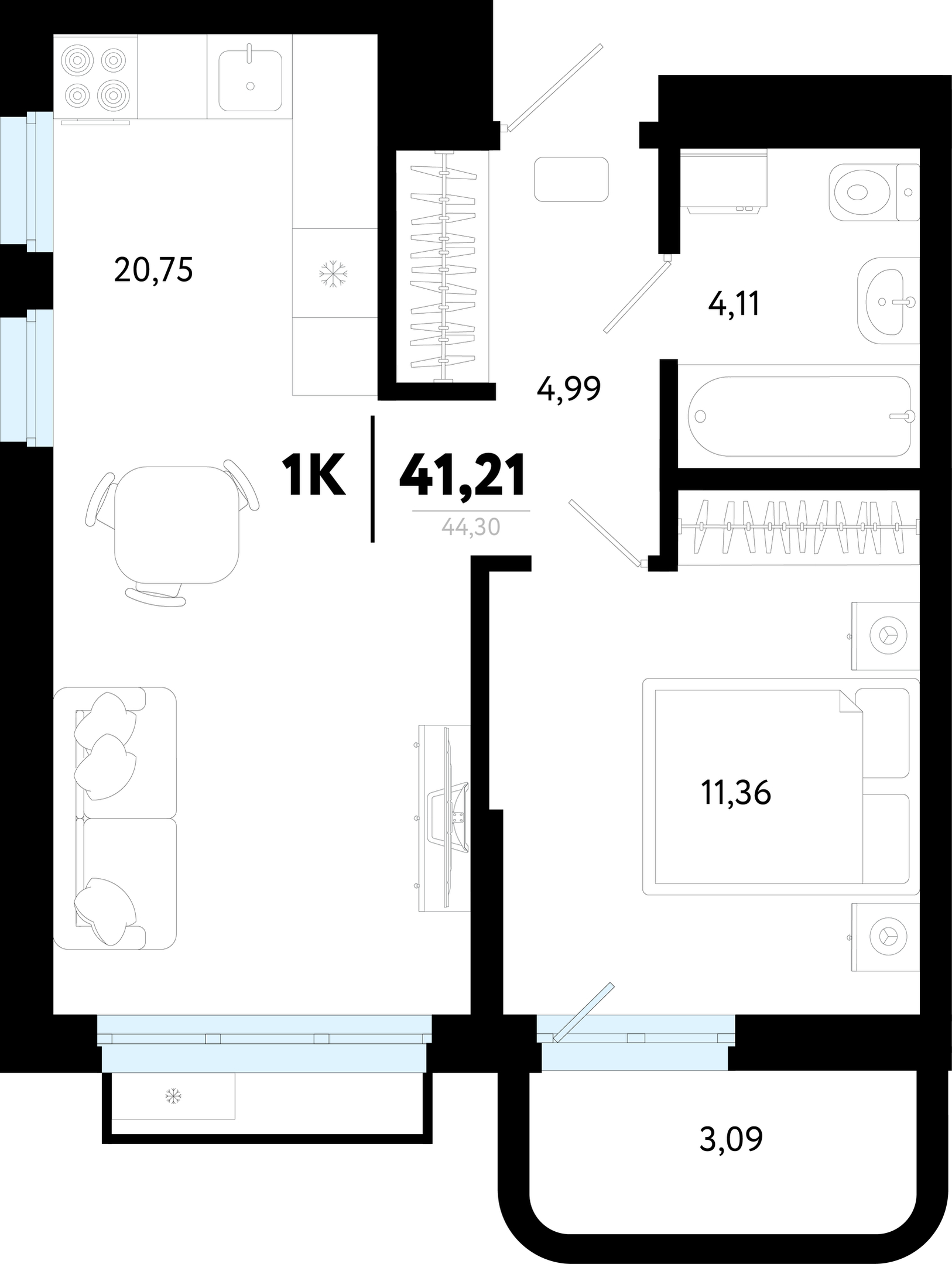 Планировка: Евродвушка 41.2 м² в ЖК Символ, Комарово Парк