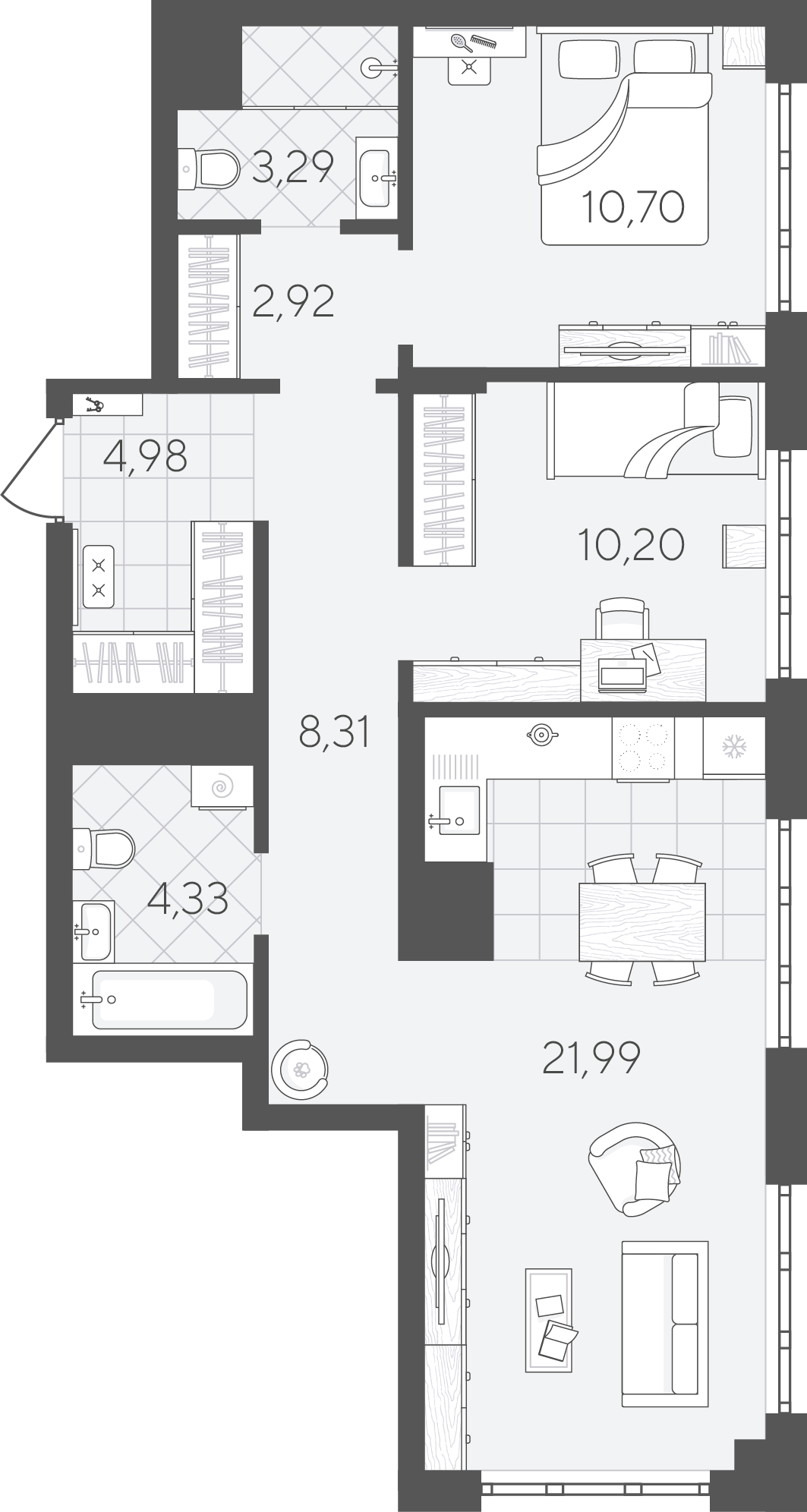 Планировка: Евротрешка 66.7 м² в ЖК Скандиа. Квартал в Слободе, Тюменская слобода