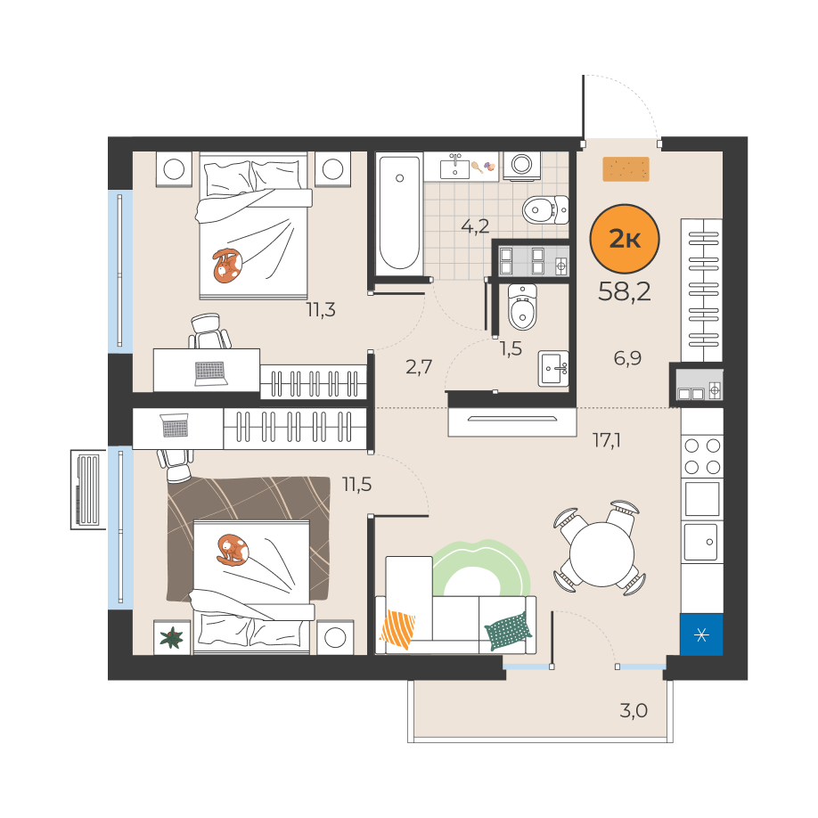 Планировка: Евротрешка 55.2 м² в ЖК Корней, Южный