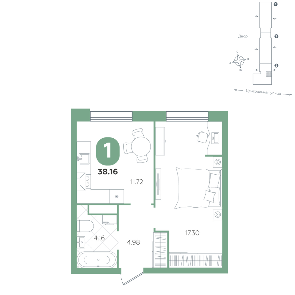 Планировка: 1-комнатная 38.2 м² в ЖК Крылья, Область