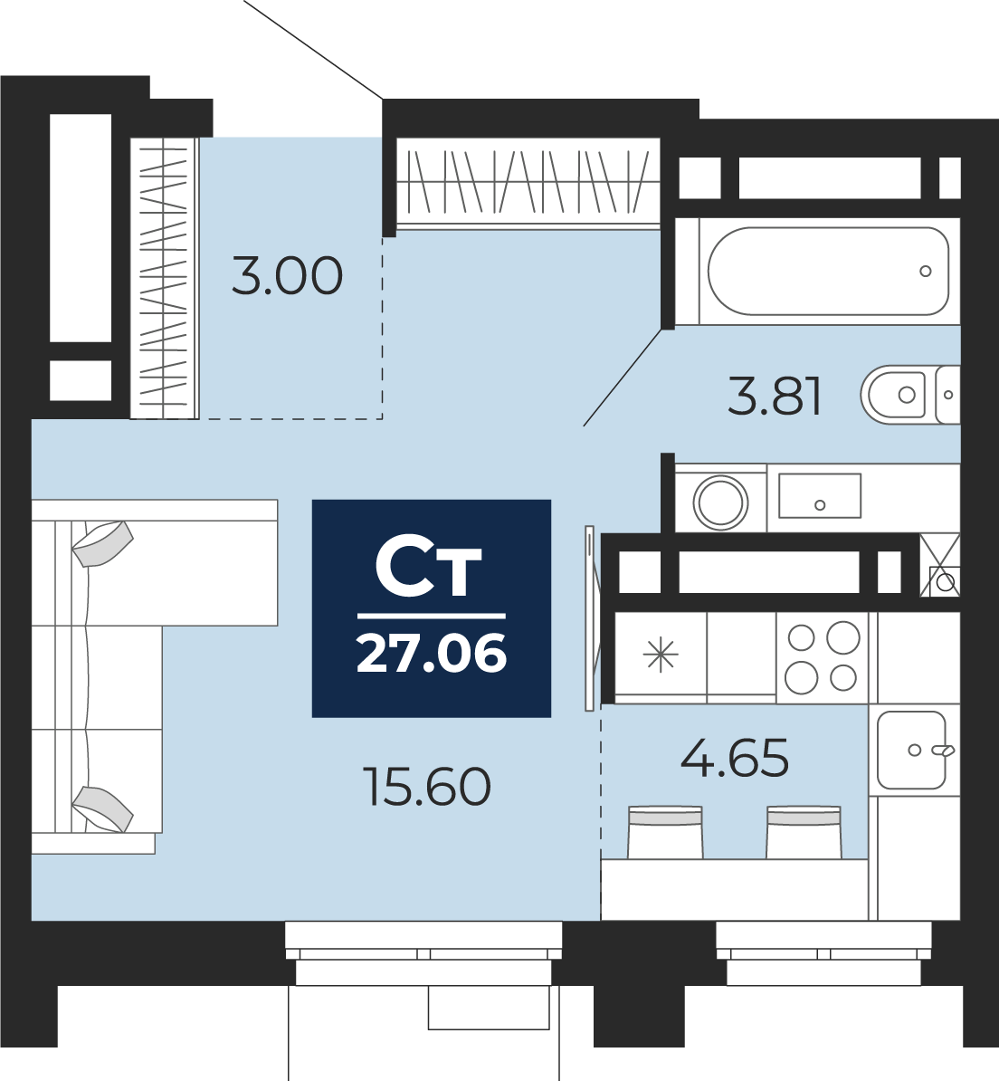 Планировка: Студия 27.1 м² в ЖК Айвазовский, 5-й Заречный