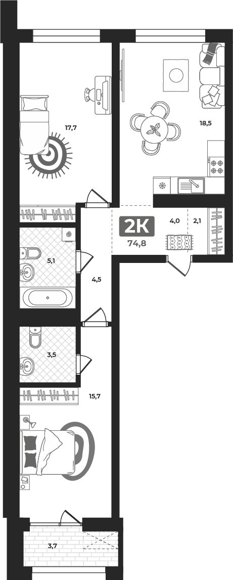 Планировка: Евротрешка 74.9 м² в ЖК Маэстро, 5-й Заречный