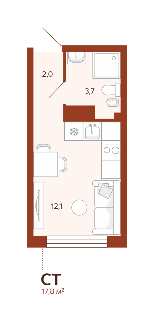 Планировка: Студия 17.8 м² в ЖК Новатор, Центр: КПД