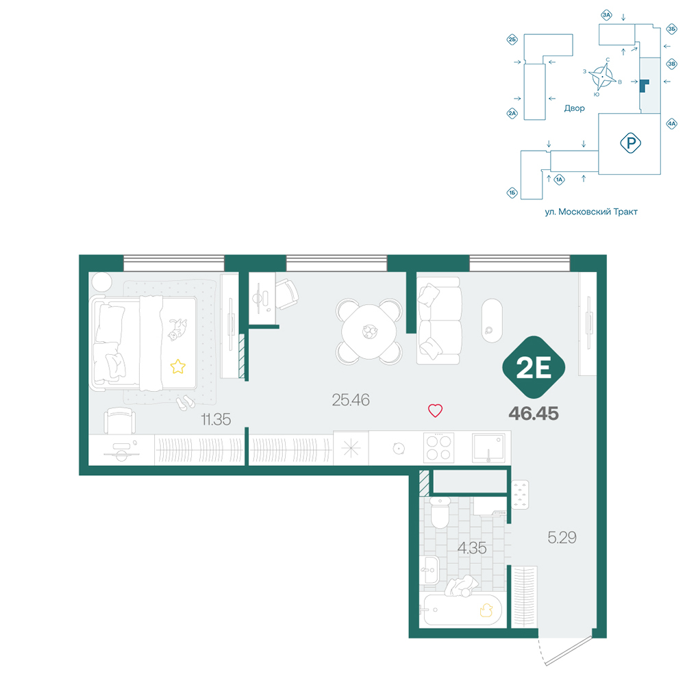 Планировка: Евродвушка 46.5 м² в ЖК Сибирский, Московский тракт