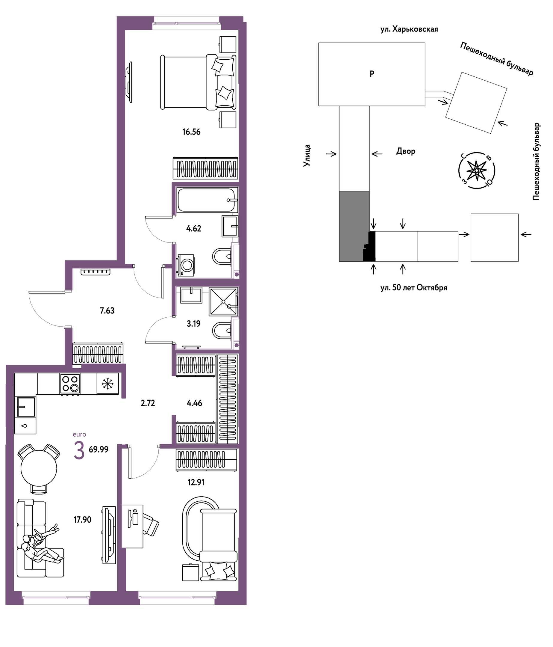 Планировка: Евротрешка 70 м² в ЖК Сердце Сибири, Центр: КПД