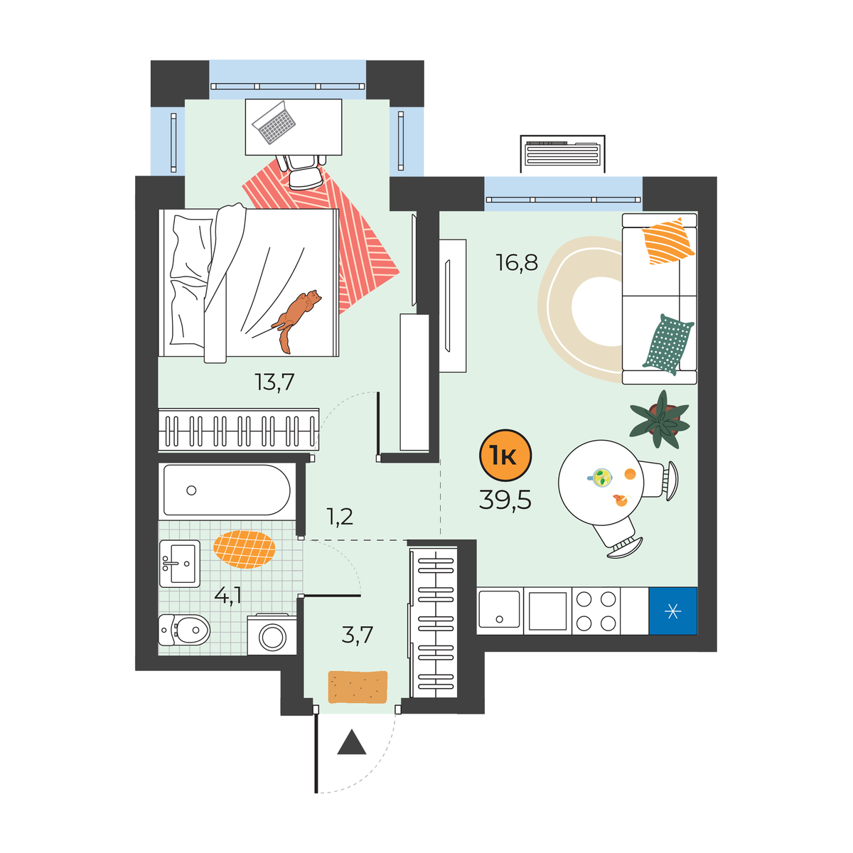 Планировка: Евродвушка 39.5 м² в ЖК Корней, Южный