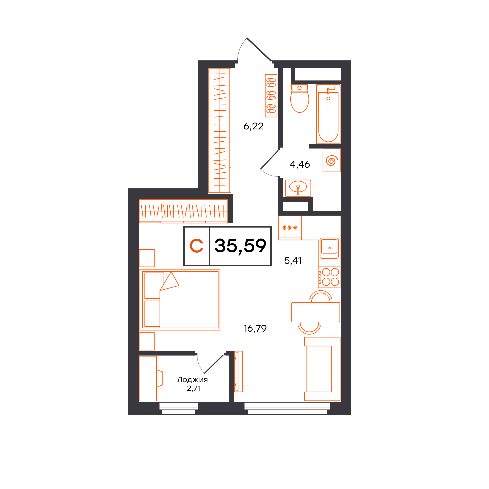 Планировка: Студия 35.6 м² в ЖК Отличие, Комарово Парк