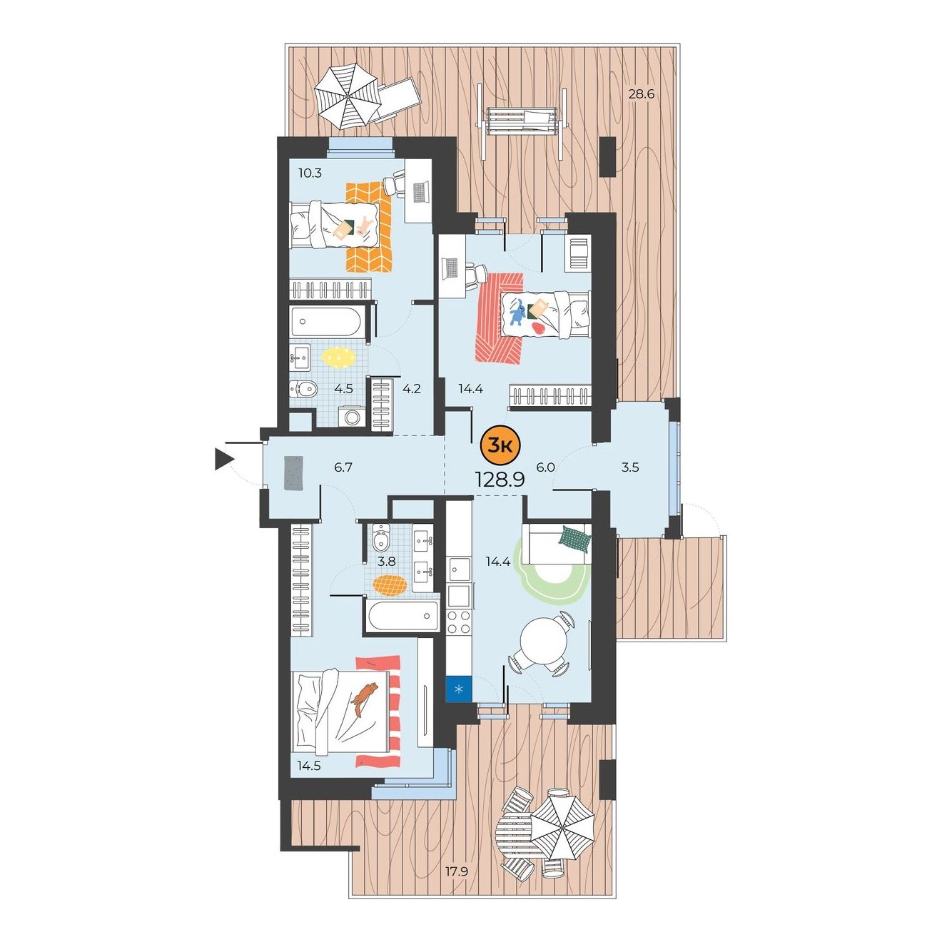 Планировка: 4-комнатная евро 96.3 м² в ЖК Корней, Южный