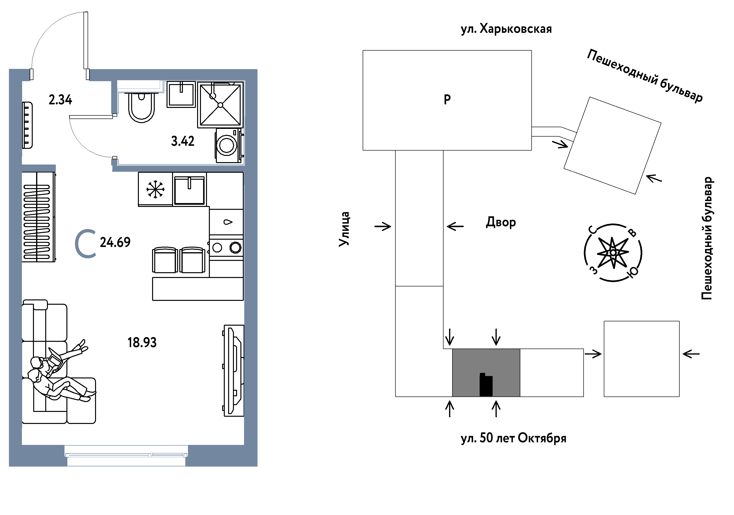 Планировка: Студия 24.7 м² в ЖК Сердце Сибири, Центр: КПД