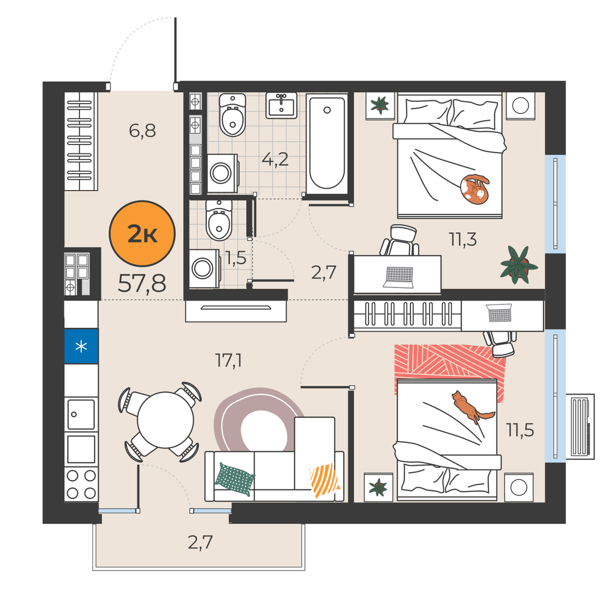 Планировка: Евротрешка 55.1 м² в ЖК Корней, Южный