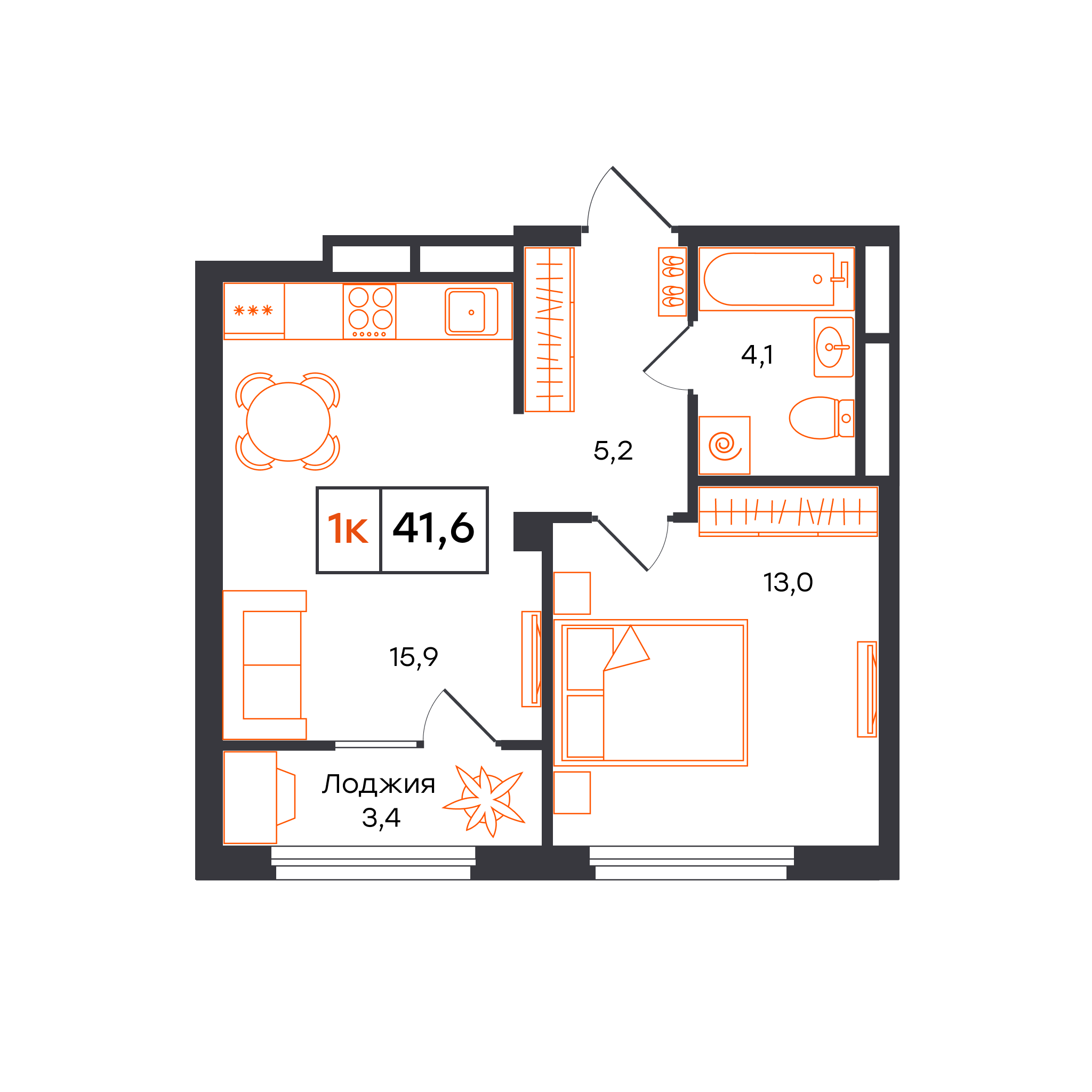 Планировка: Евродвушка 41.6 м² в ЖК Отличие, Комарово Парк