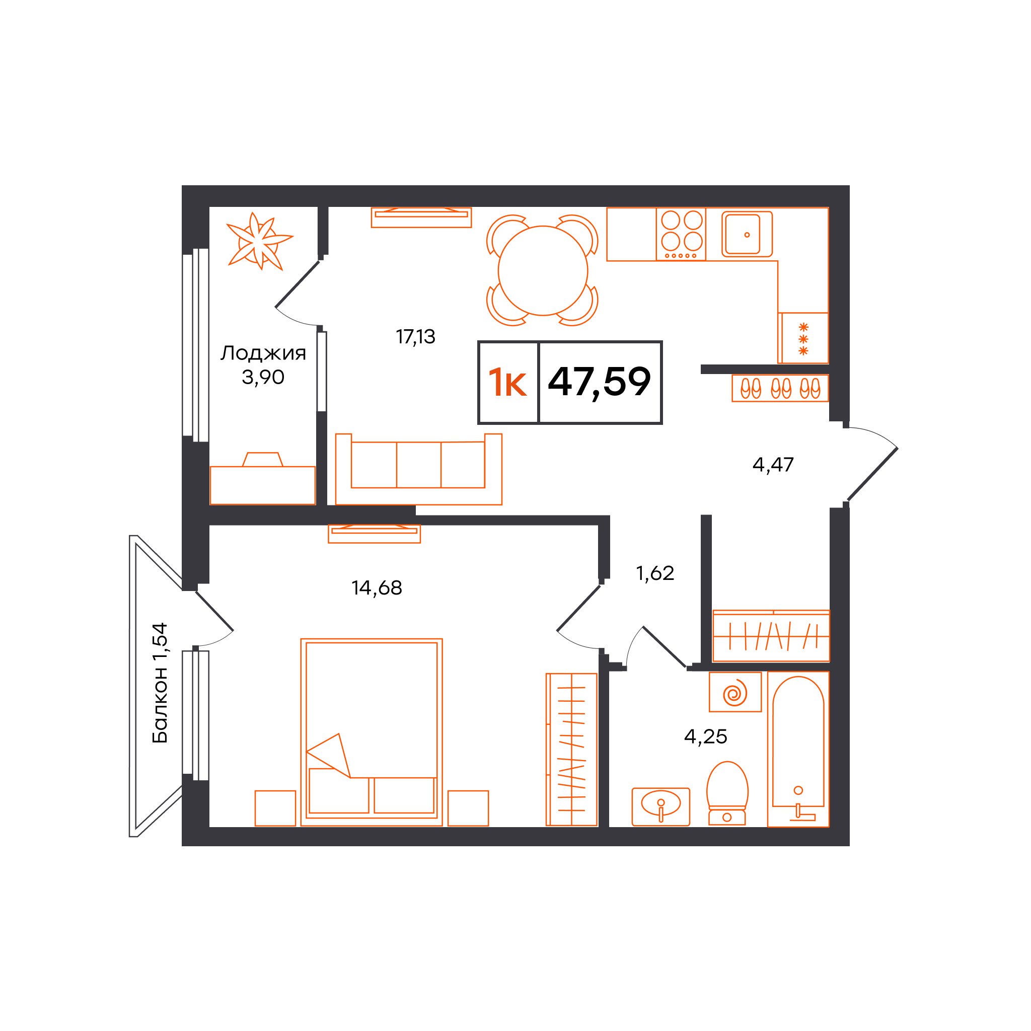 Планировка: Евродвушка 47.6 м² в ЖК Отличие, Комарово Парк