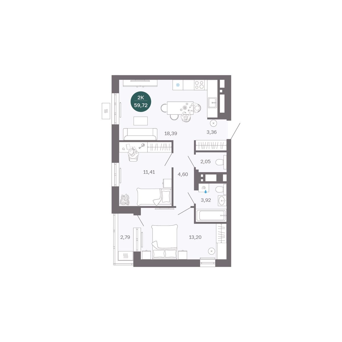 Планировка: Евротрешка 59.8 м² в ЖК Румянский, Центр: Студгородок