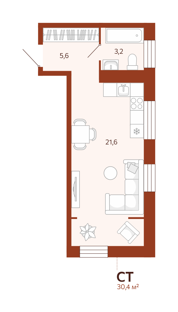 Планировка: Студия 30.4 м² в ЖК Новатор, Центр: КПД
