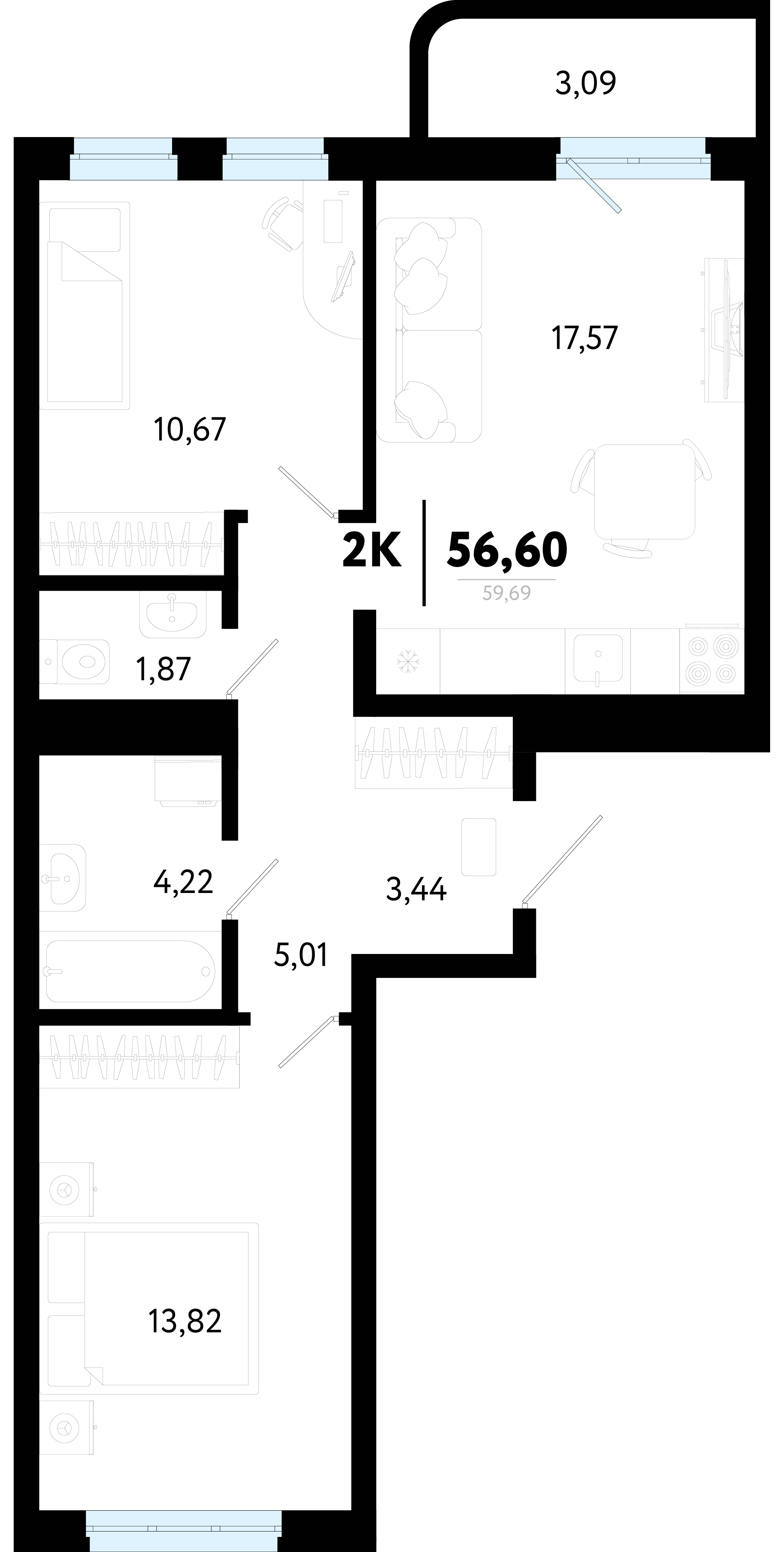 Планировка: Евротрешка 56.6 м² в ЖК Символ, Комарово Парк