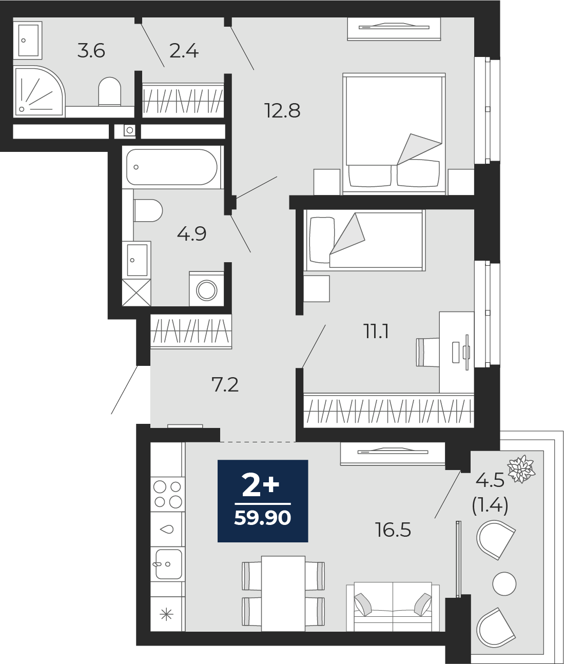 Планировка: Евротрешка 58.5 м² в ЖК Мириады, Мыс