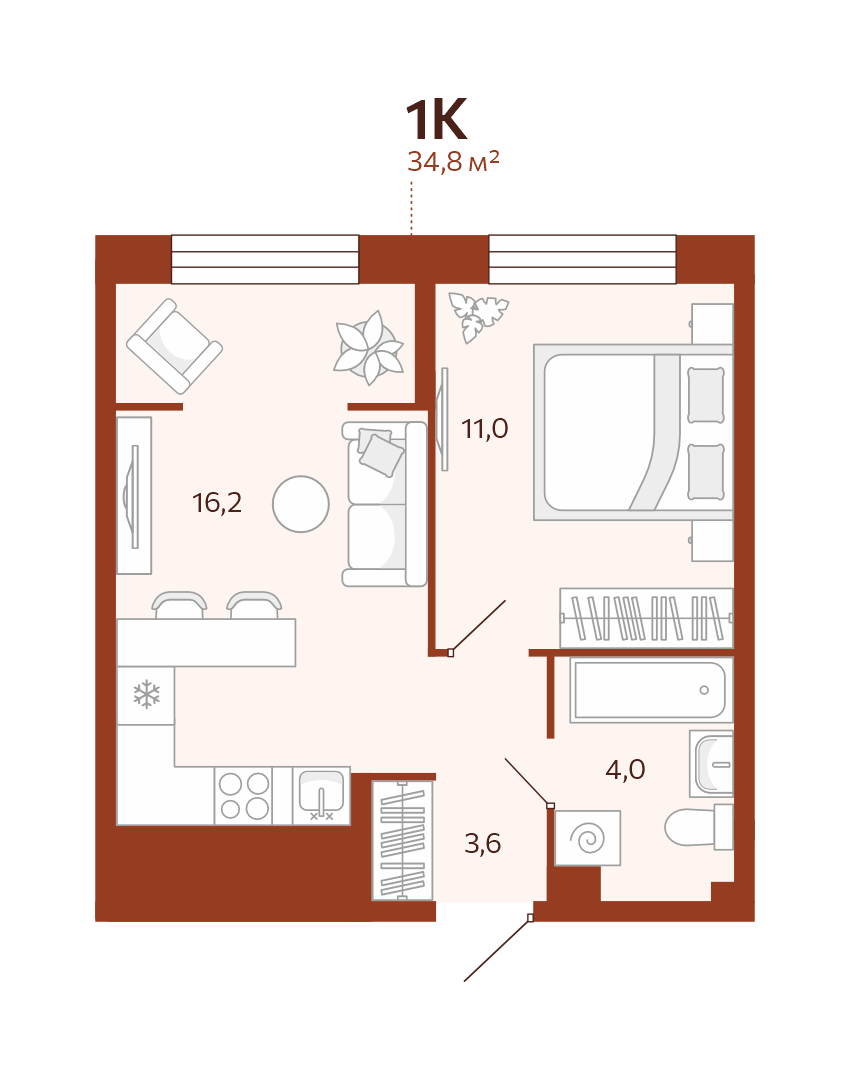 Планировка: Евродвушка 34.8 м² в ЖК Новатор, Центр: КПД