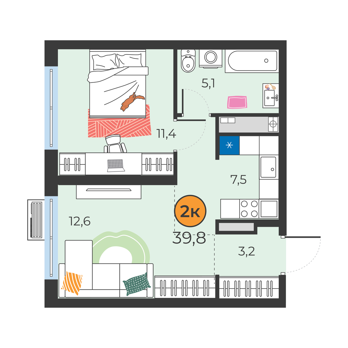 Планировка: Евродвушка 39.8 м² в ЖК Корней, Южный