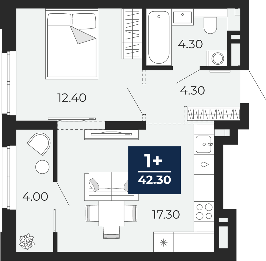 Планировка: Евродвушка 38.3 м² в ЖК Айвазовский, 5-й Заречный