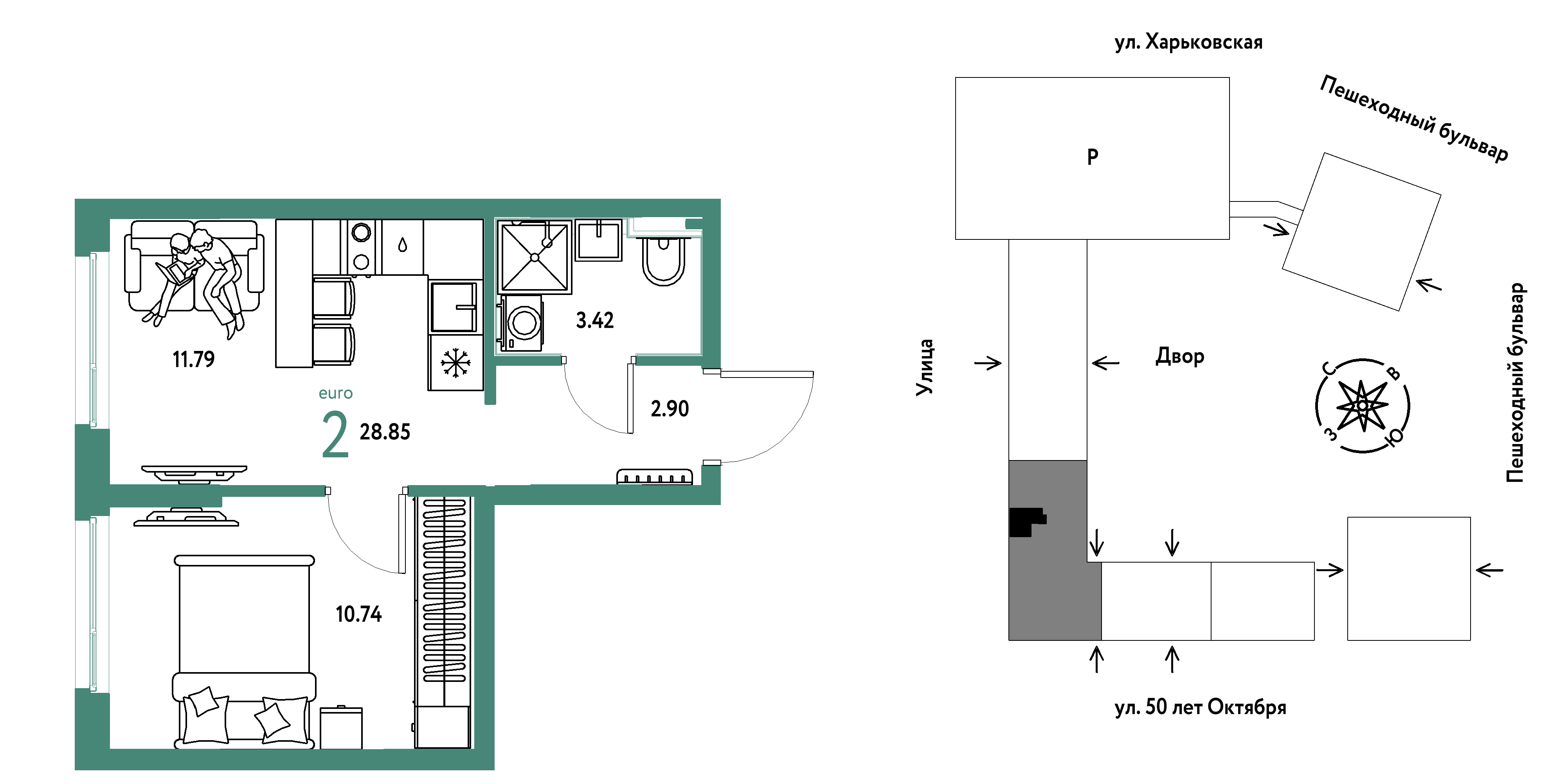 Планировка: 1-комнатная 28.9 м² в ЖК Сердце Сибири, Центр: КПД