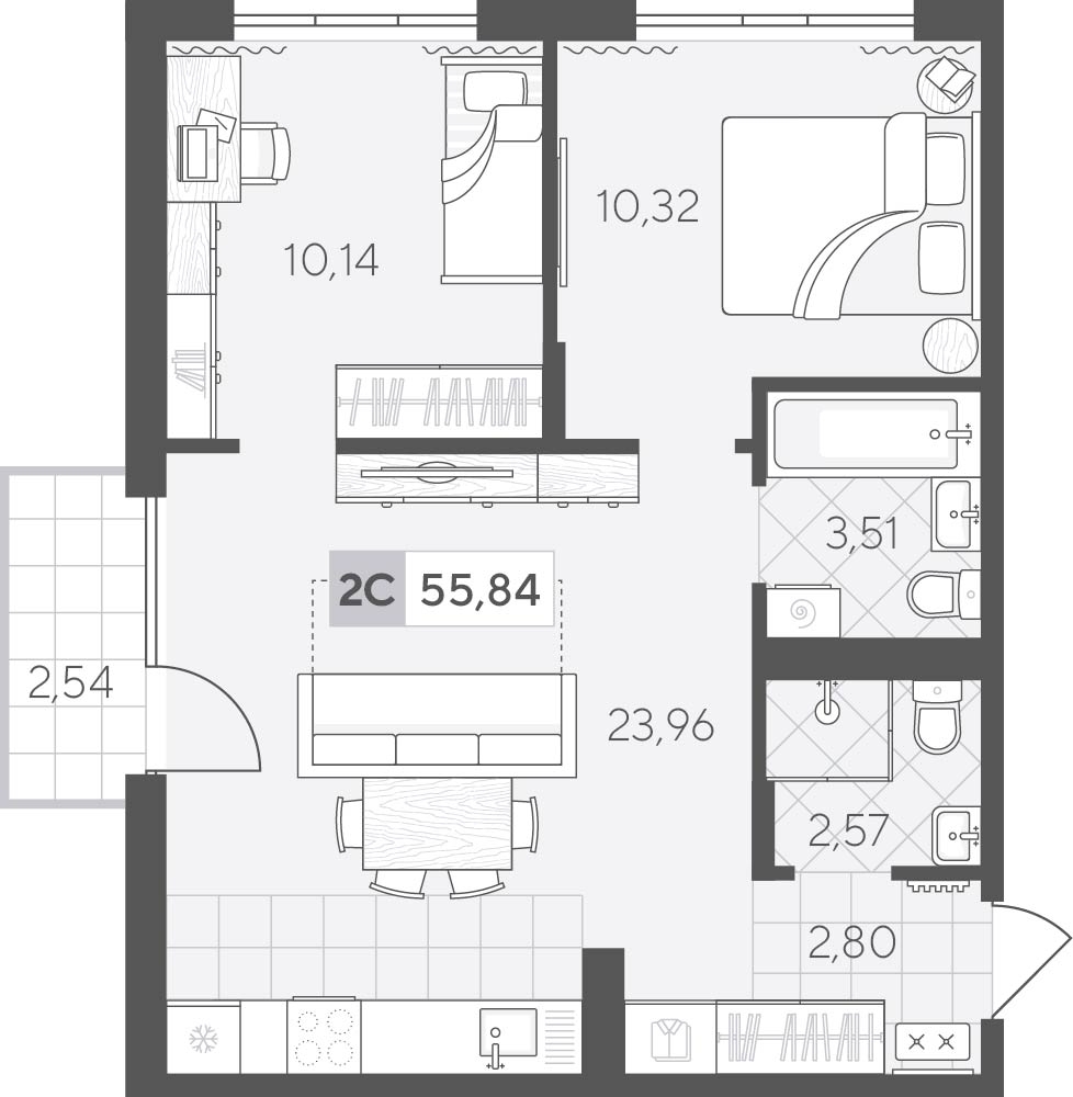 Планировка: Евротрешка 55.8 м² в ЖК Скандиа. Квартал у озера, Лесобаза