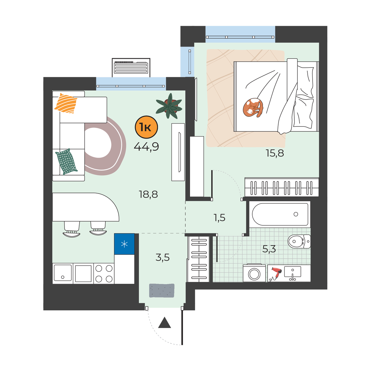 Планировка: Евродвушка 44.9 м² в ЖК Корней, Южный
