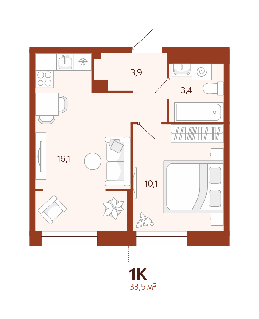 Планировка: Евродвушка 33.5 м² в ЖК Новатор, Центр: КПД