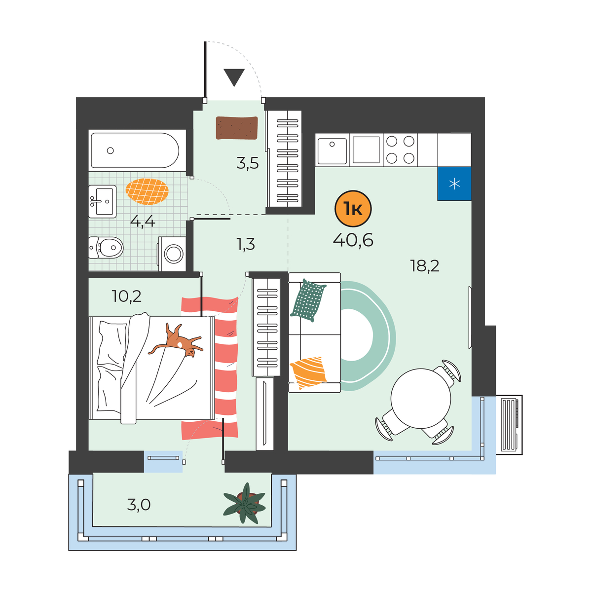Планировка: Евродвушка 37.6 м² в ЖК Корней, Южный