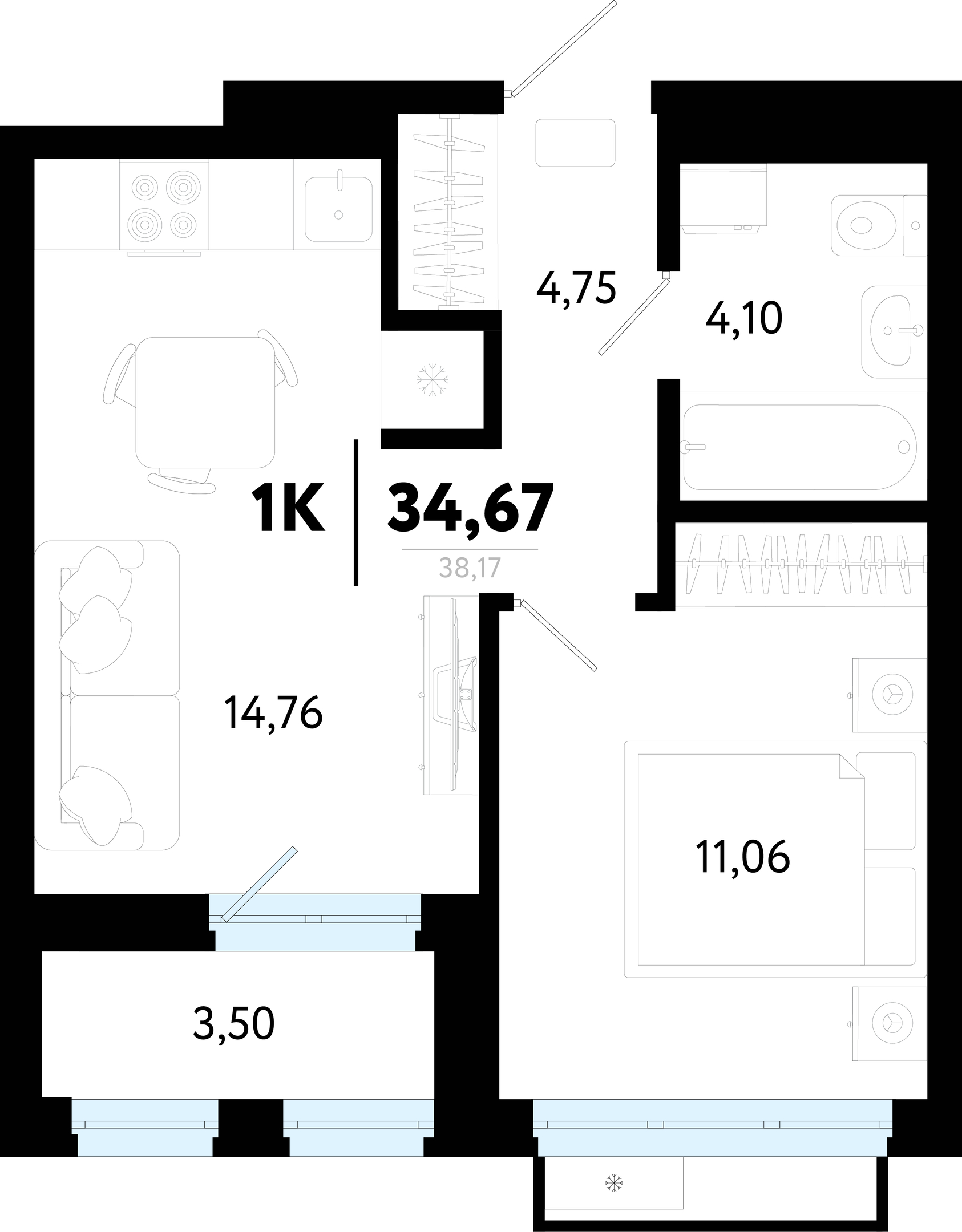 Планировка: Евродвушка 34.7 м² в ЖК Символ, Комарово Парк