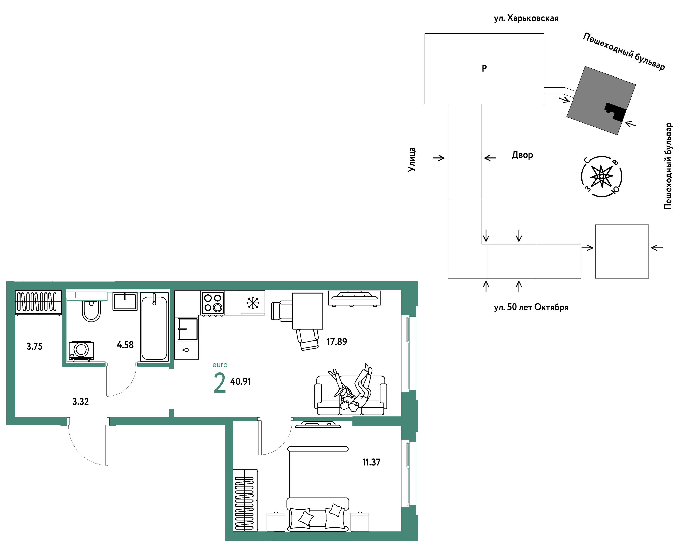 Планировка: Евродвушка 40.9 м² в ЖК Сердце Сибири, Центр: КПД