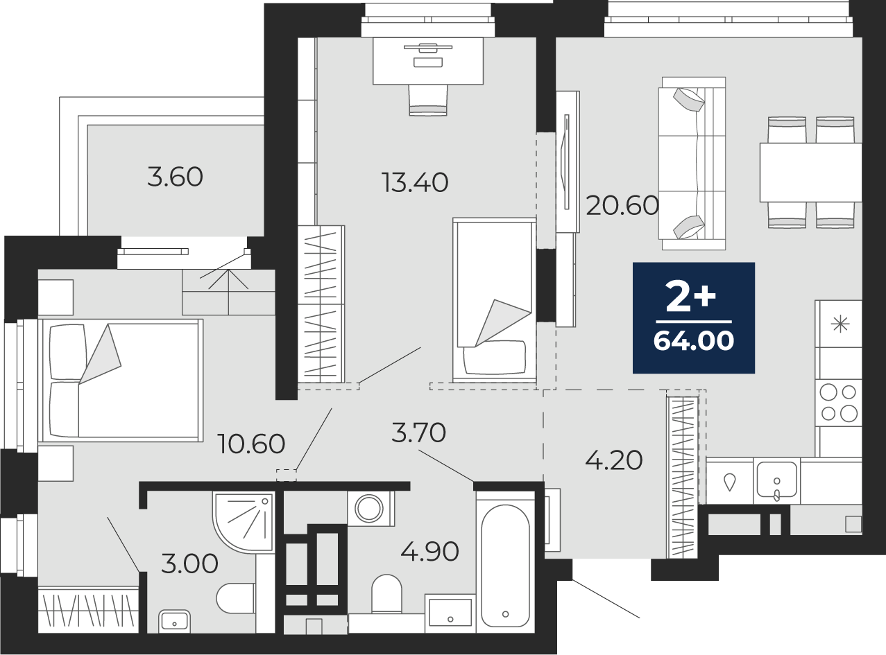Планировка: Евротрешка 60.4 м² в ЖК Айвазовский, 5-й Заречный