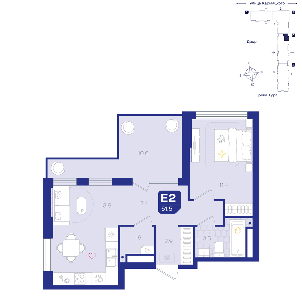 Планировка: Евродвушка 51.5 м² в ЖК Космо, 5-й Заречный