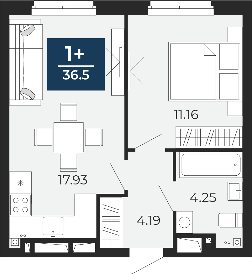 Планировка: Евродвушка 37.5 м² в ЖК Прео, Тюменская слобода