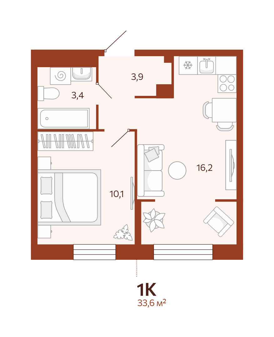 Планировка: Евродвушка 33.6 м² в ЖК Новатор, Центр: КПД
