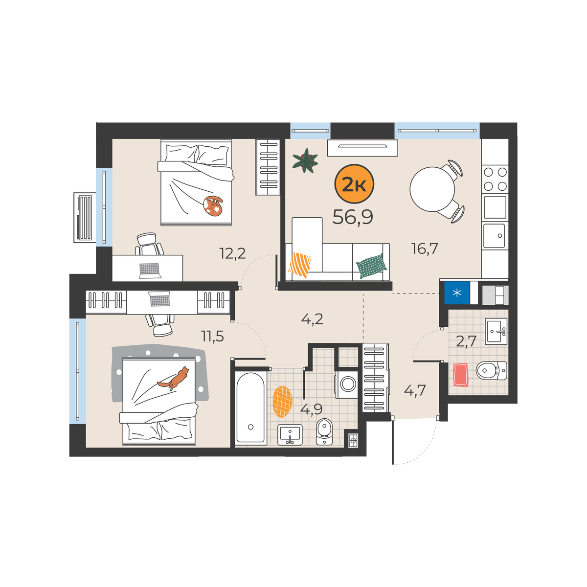 Планировка: Евротрешка 56.9 м² в ЖК Корней, Южный
