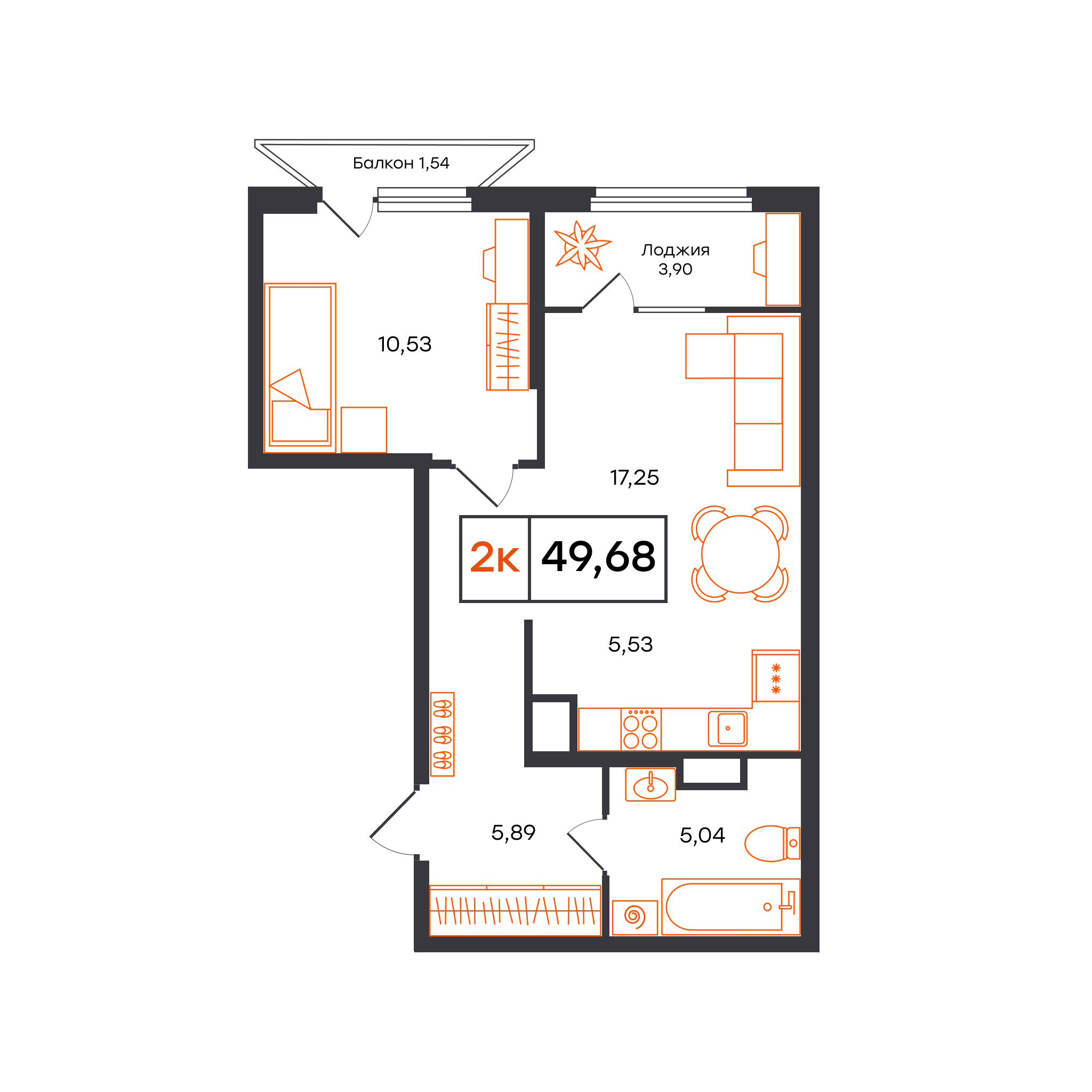 Планировка: Евродвушка 49.7 м² в ЖК Отличие, Комарово Парк