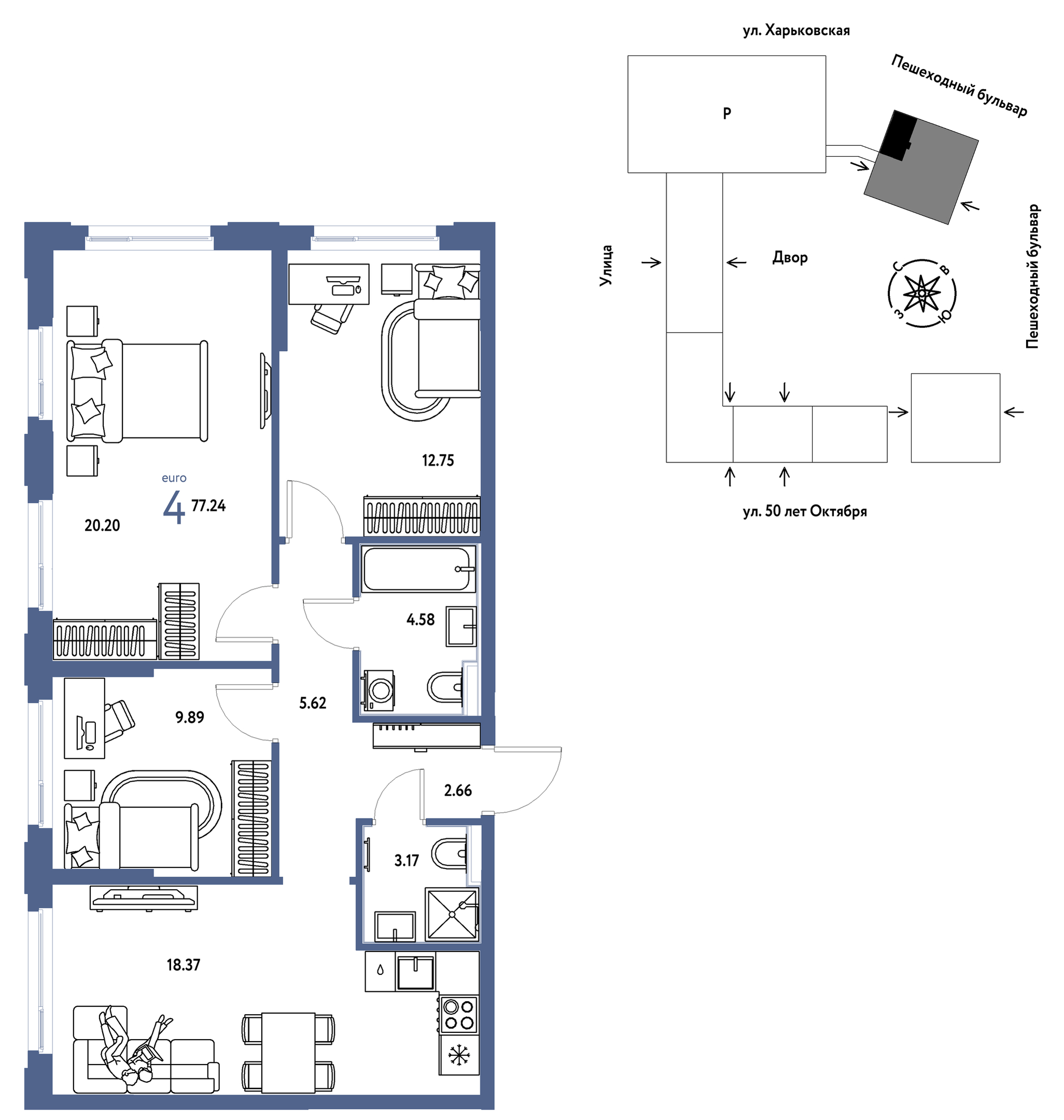 Планировка: 4-комнатная евро 77.2 м² в ЖК Сердце Сибири, Центр: КПД