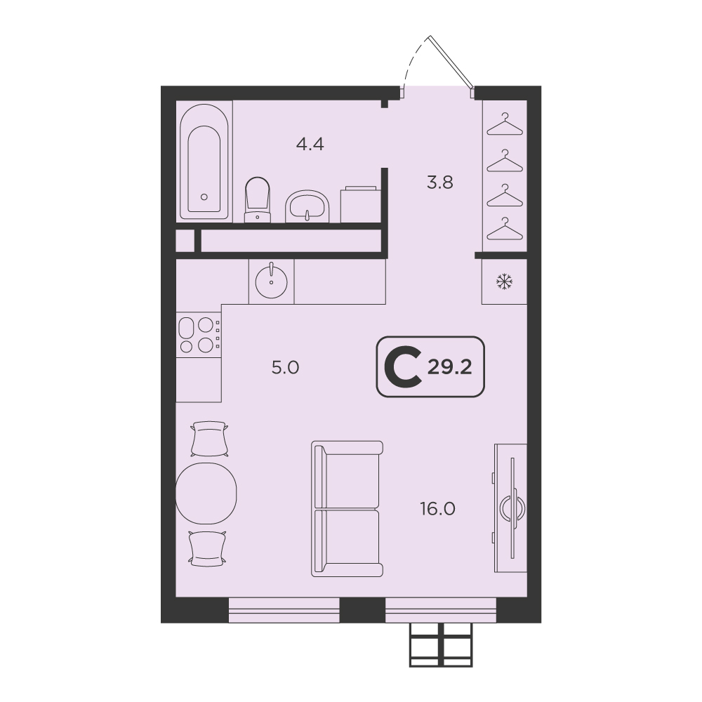 Планировка: Студия 29.2 м² в ЖК Симфония, Центр: Студгородок