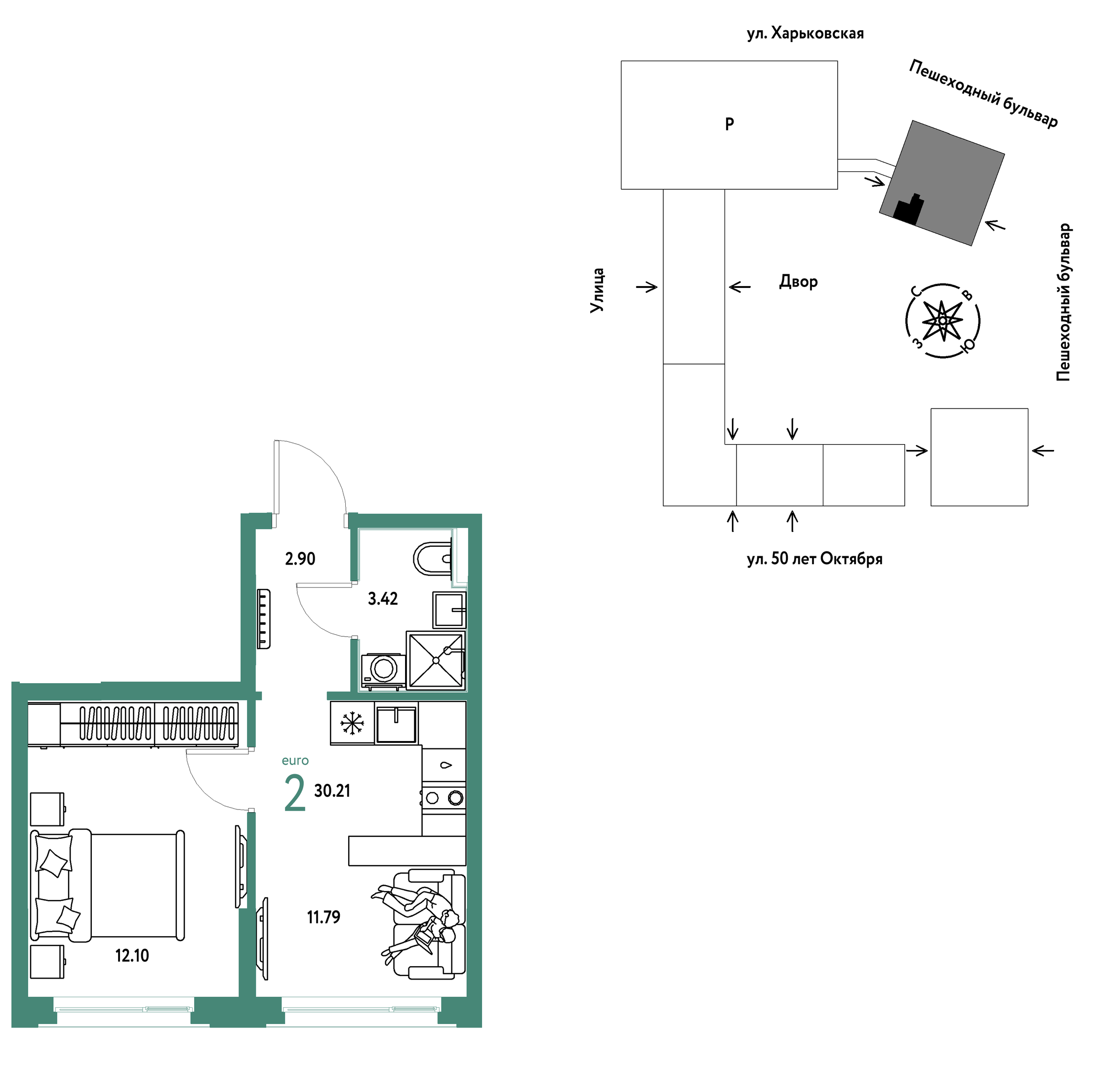 Планировка: 1-комнатная 30.2 м² в ЖК Сердце Сибири, Центр: КПД